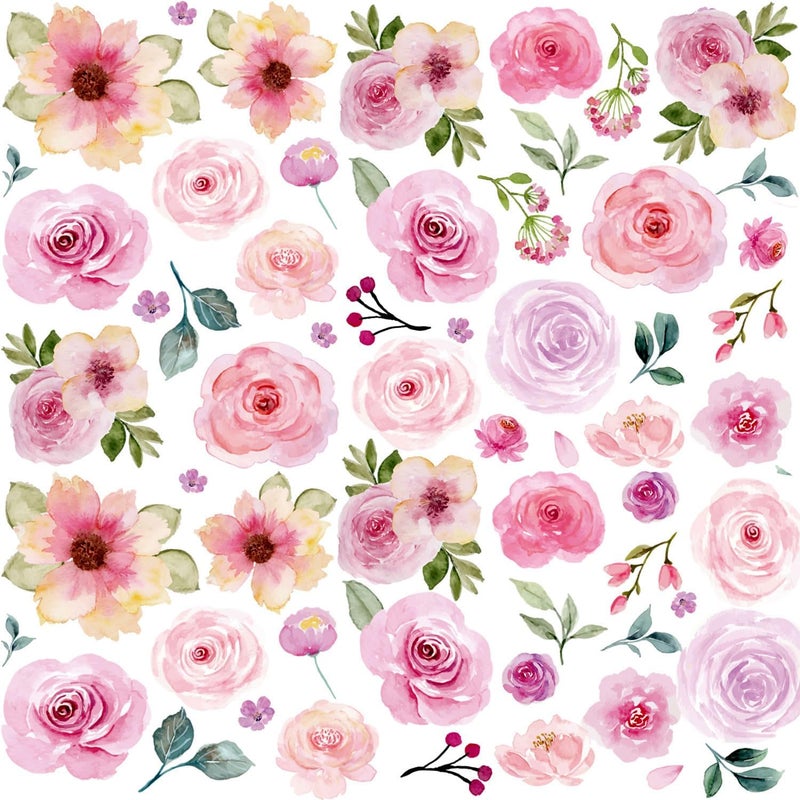 CharmFlo Floral Wall Decals Peel and Stick | 60PCS Watercolor Peony Flower & Leaves Stickers | Removable Vinyl Wall Art for Girls Bedroom, Nursery, Living Room | Pastel Home Decor - Image 1